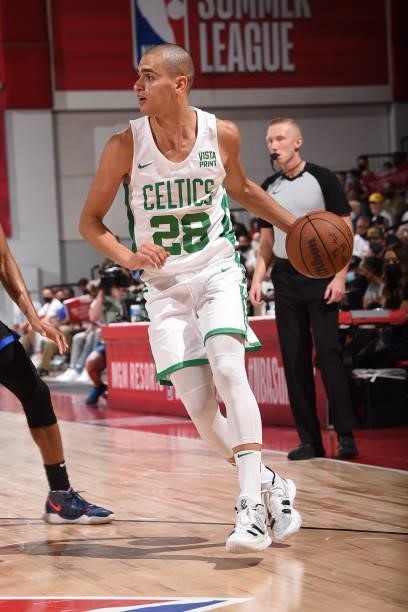 Yam Madar of the Boston Celtics handles the ball against the Orlando Magic during the 2021 Las Vegas Summer League on August 12, 2021 at the Cox...
