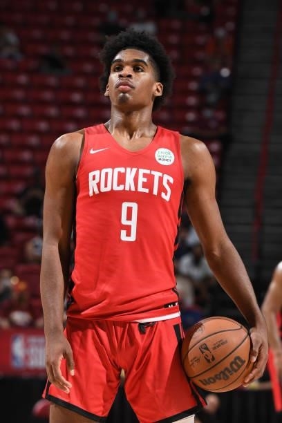 Josh Christopher of the Houston Rockets looks to shoot a free throw against the Toronto Raptors during the 2021 Las Vegas Summer League on August 12,...