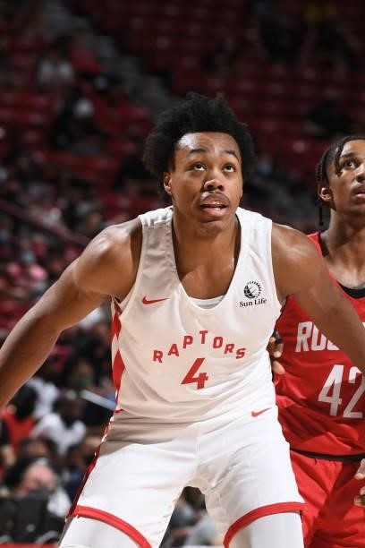 Scottie Barnes of the Toronto Raptors looks up during the game against the Houston Rockets during the 2021 Las Vegas Summer League on August 12, 2021...