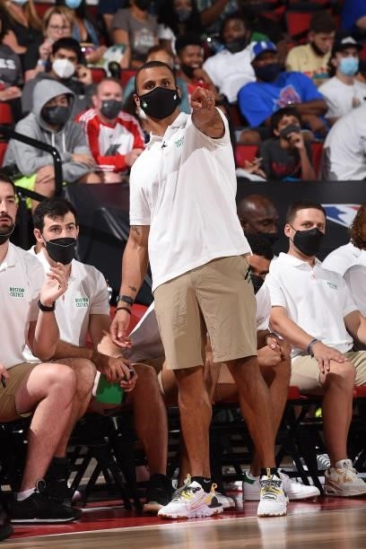 Head Coach, Joe Mazzulla of the Boston Celtics points out to his players during the game against the Orlando Magic during the 2021 Las Vegas Summer...