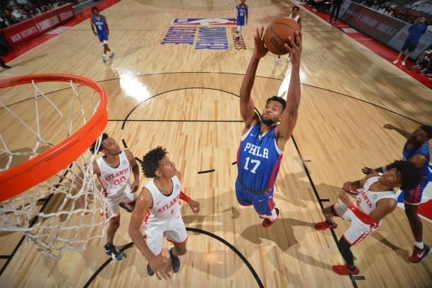 Braxton Key of the Philadelphia 76ers rebounds during the game against the Atlanta Hawks during the 2021 Las Vegas Summer League on August 12, 2021...