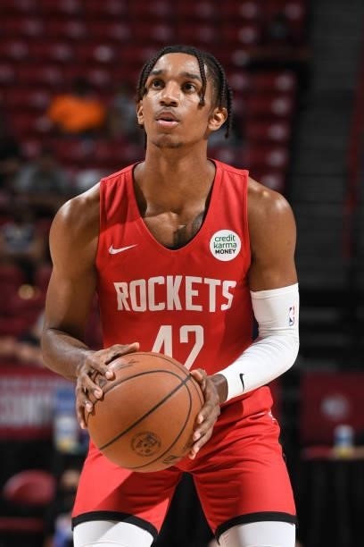 Trey Phills of the Houston Rockets looks to shoot a free throw against the Toronto Raptors during the 2021 Las Vegas Summer League on August 12, 2021...