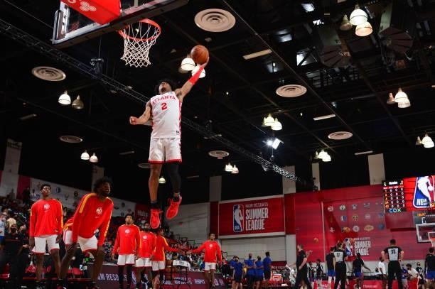 Sharife Cooper of the Atlanta Hawks warms up before the game against the Philadelphia 76ers during the 2021 Las Vegas Summer League on August 12,...