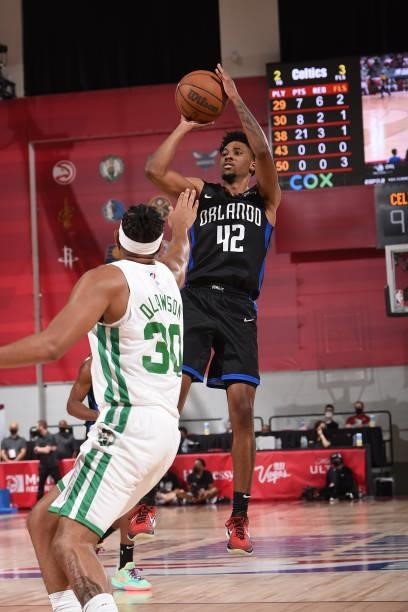 Tahj Eaddy of the Orlando Magic shoots the ball against the Boston Celtics during the 2021 Las Vegas Summer League on August 12, 2021 at the Cox...