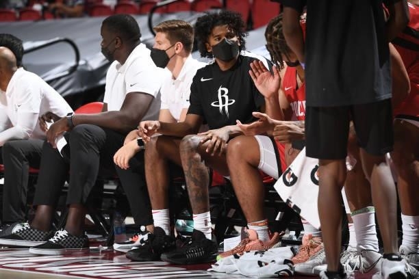 Jalen Green of the Houston Rockets looks on during the game against the Toronto Raptors during the 2021 Las Vegas Summer League on August 12, 2021 at...