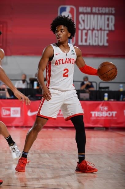 Sharife Cooper of the Atlanta Hawks dribbles during the game against the Philadelphia 76ers during the 2021 Las Vegas Summer League on August 12,...