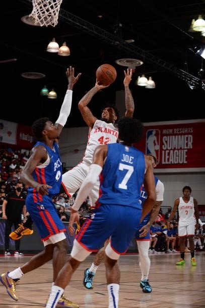 DeVaughn Akoon-Purcell of the Atlanta Hawks shoots the ball during the game against the Philadelphia 76ers during the 2021 Las Vegas Summer League on...