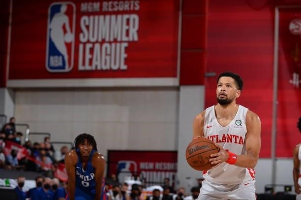 Skylar Mays of the Atlanta Hawks shoots a free throw during the game against the Philadelphia 76ers during the 2021 Las Vegas Summer League on August...
