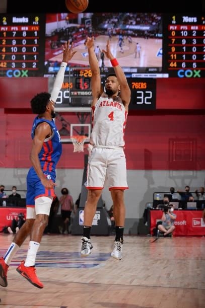 Skylar Mays of the Atlanta Hawks shoots the ball during the game against the Philadelphia 76ers during the 2021 Las Vegas Summer League on August 12,...