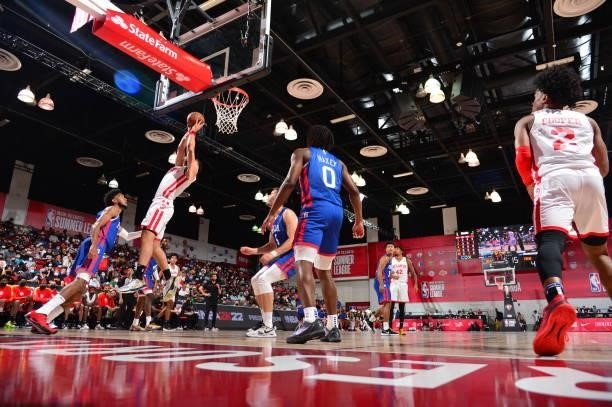 Skylar Mays of the Atlanta Hawks rebounds the ball during the game against the Philadelphia 76ers during the 2021 Las Vegas Summer League on August...