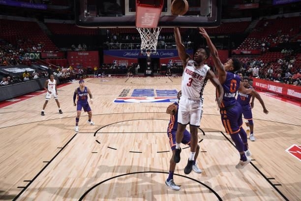 Caleb Agada of the Denver Nuggets drives to the basket against the Phoenix Suns during the 2021 Las Vegas Summer League on August 12, 2021 at the...