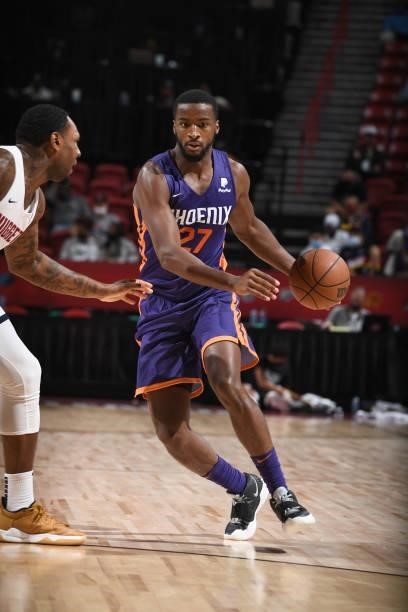 Alpha Diallo of the Phoenix Suns handles the ball against the Denver Nuggets during the 2021 Las Vegas Summer League on August 12, 2021 at the Thomas...
