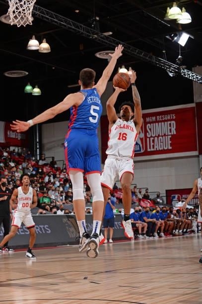 Ibi Watson of the Atlanta Hawks shoots the ball during the game against the Philadelphia 76ersduring the 2021 Las Vegas Summer League on August 12,...