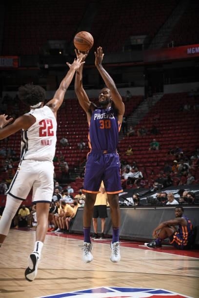 Vitto Brown of the Phoenix Suns shoots the ball against the Denver Nuggets during the 2021 Las Vegas Summer League on August 12, 2021 at the Thomas &...