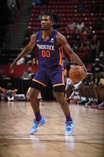 Jaleen Smith of the Phoenix Suns handles the ball during the game against the Denver Nuggets during the 2021 Las Vegas Summer League on August 12,...