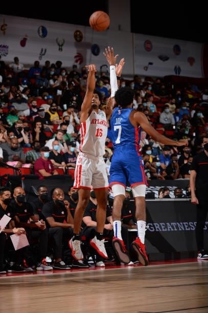 Ibi Watson of the Atlanta Hawks shoots the ball during the game against the Philadelphia 76ers during the 2021 Las Vegas Summer League on August 12,...