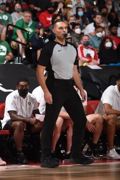 Referee, Ryan Sassano looks on during the game between the Orlando Magic and the Boston Celtics during the 2021 Las Vegas Summer League on August 12,...