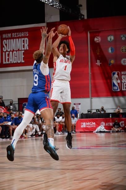 Jalen Johnson of the Atlanta Hawks shoots the ball during the game against the Philadelphia 76ers during the 2021 Las Vegas Summer League on August...