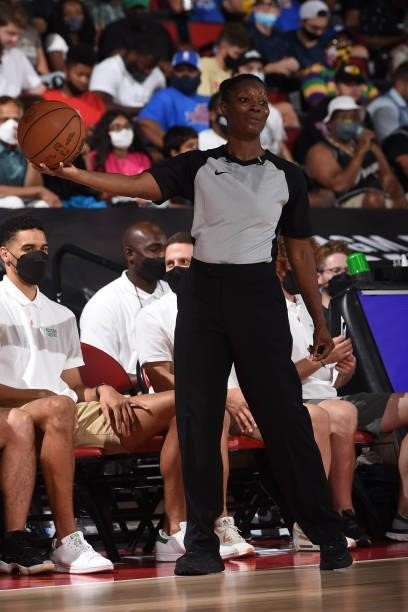 Referee, DeMoya Williams looks on during the game between the Orlando Magic and the Boston Celtics during the 2021 Las Vegas Summer League on August...