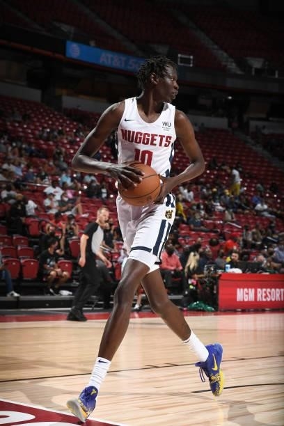 Bol Bol of the Denver Nuggets handles the ball during the game against the Phoenix Suns during the 2021 Las Vegas Summer League on August 12, 2021 at...