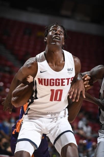 Bol Bol of the Denver Nuggets looks up during the game against the Phoenix Suns during the 2021 Las Vegas Summer League on August 12, 2021 at the...