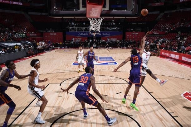 Semaj Christon of the Denver Nuggets shoots the ball against the Phoenix Suns during the 2021 Las Vegas Summer League on August 12, 2021 at the...