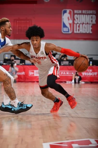 Sharife Cooper of the Atlanta Hawks drives to the basket during the game against the Philadelphia 76ers during the 2021 Las Vegas Summer League on...