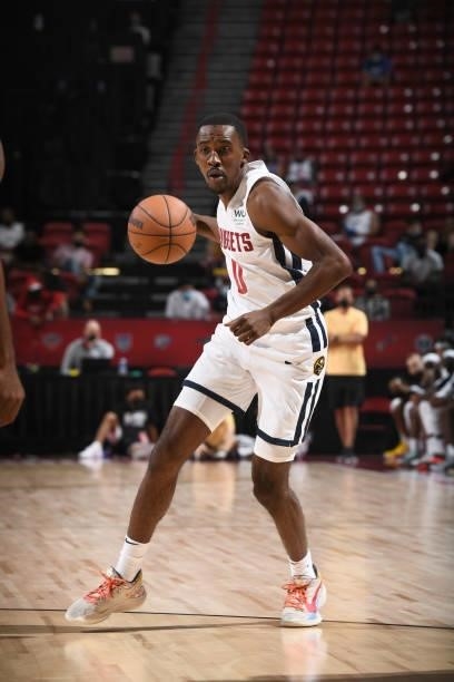 Semaj Christon of the Denver Nuggets handles the ball during the game against the Phoenix Suns during the 2021 Las Vegas Summer League on August 12,...
