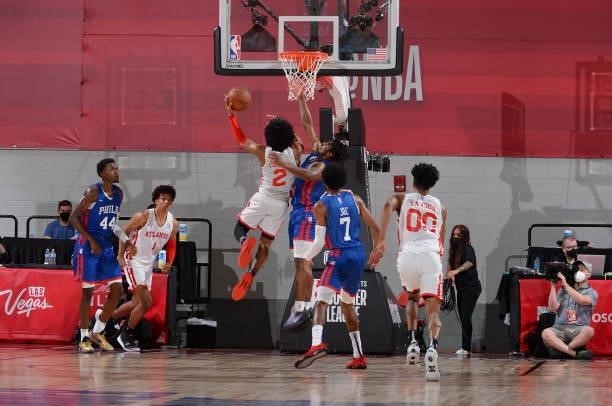 Sharife Cooper of the Atlanta Hawks drives to the basket during the game against the Philadelphia 76ers during the 2021 Las Vegas Summer League on...