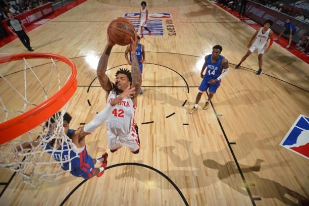 DeVaughn Akoon-Purcell of the Atlanta Hawks drives to the basket during the game against the Philadelphia 76ers during the 2021 Las Vegas Summer...