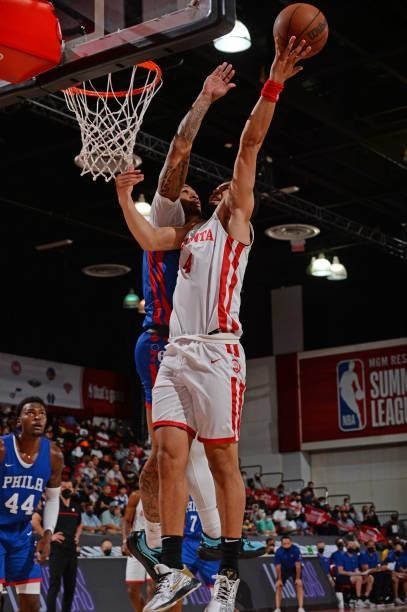 Skylar Mays of the Atlanta Hawks drives to the basket during the game against the Philadelphia 76ers during the 2021 Las Vegas Summer League on...