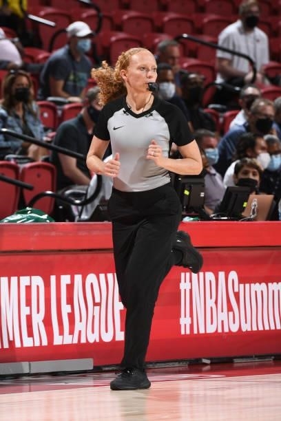 Referee, Ashley Gloss hustles down the court during the game between the Chicago Bulls and the Minnesota Timberwolves during the 2021 Las Vegas...