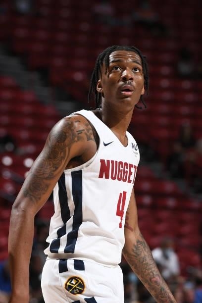 Nah'Shon Hyland of the Denver Nuggets looks on during the game against the Phoenix Suns during the 2021 Las Vegas Summer League on August 12, 2021 at...