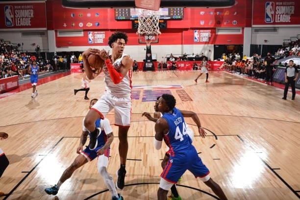 Jalen Johnson of the Atlanta Hawks rebounds during the game against the Philadelphia 76ers during the 2021 Las Vegas Summer League on August 12, 2021...