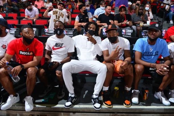 Ja Morant and crew attend the Atlanta Hawks vs. Philadelphia 76ers game during the 2021 Las Vegas Summer League on August 12, 2021 at the Cox...