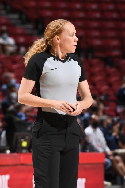 Referee, Ashley Gloss looks on during the game between the Chicago Bulls and the Minnesota Timberwolves during the 2021 Las Vegas Summer League on...