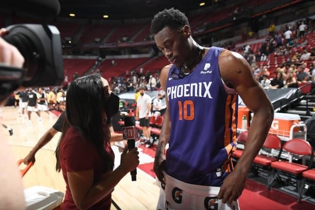 Jalen Smith of the Phoenix Suns is interviewed during the game against the Denver Nuggets during the 2021 Las Vegas Summer League on August 12, 2021...