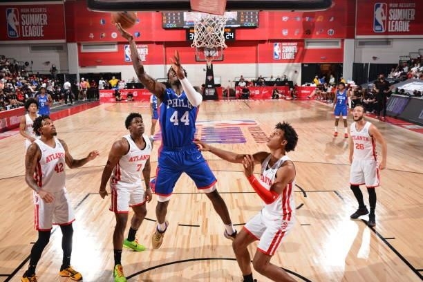 Paul Reed of the Philadelphia 76ers shoots the ball during the game against the Atlanta Hawks during the 2021 Las Vegas Summer League on August 12,...