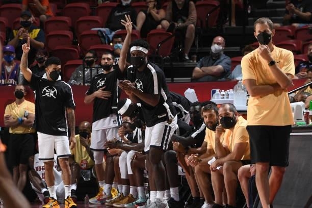 The Denver Nuggets celebrate during the game against the Phoenix Suns during the 2021 Las Vegas Summer League on August 12, 2021 at the Thomas & Mack...