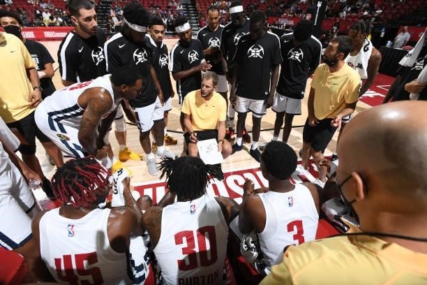 Head Coach Charles Klask of the Denver Nuggets talks with the team during the game against the Phoenix Suns during the 2021 Las Vegas Summer League...