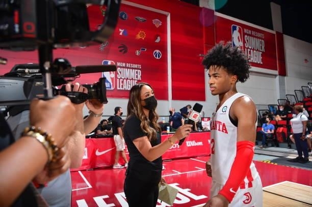 Sharife Cooper of the Atlanta Hawks gives halftime interview during the game against the Philadelphia 76ers during the 2021 Las Vegas Summer League...