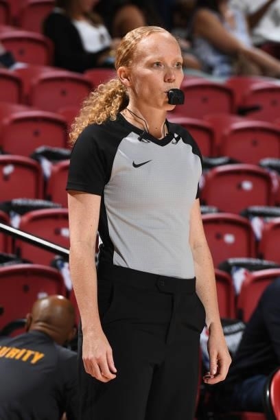 Referee, Ashley Gloss looks on during the game between the Chicago Bulls and the Minnesota Timberwolves during the 2021 Las Vegas Summer League on...