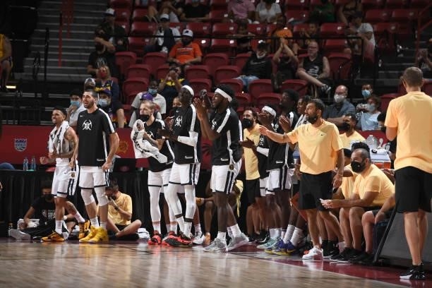 The Denver Nuggets celebrate during the game against the Phoenix Suns during the 2021 Las Vegas Summer League on August 12, 2021 at the Thomas & Mack...
