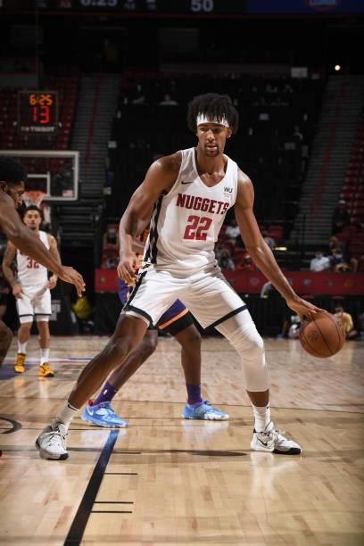 Zeke Nnaji of the Denver Nuggets handles the ball against the Phoenix Suns during the 2021 Las Vegas Summer League on August 12, 2021 at the Thomas &...