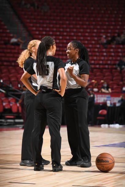 Referee, Karleena Tobin talks to her officiating crew during the game between the Chicago Bulls and the Minnesota Timberwolves during the 2021 Las...