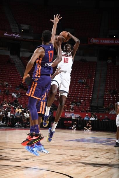 Bol Bol of the Denver Nuggets shoots the ball against the Phoenix Suns during the 2021 Las Vegas Summer League on August 12, 2021 at the Thomas &...