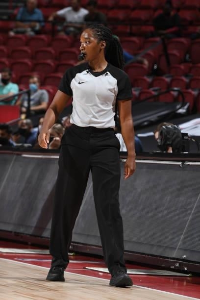 Referee, Karleena Tobin looks on during the game between the Chicago Bulls and the Minnesota Timberwolves during the 2021 Las Vegas Summer League on...