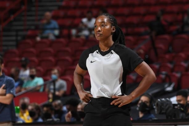 Referee, Karleena Tobin looks on during the game between the Chicago Bulls and the Minnesota Timberwolves during the 2021 Las Vegas Summer League on...