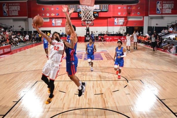 DeVaughn Akoon-Purcell of the Atlanta Hawks drives to the basket during the game against the Philadelphia 76ers during the 2021 Las Vegas Summer...