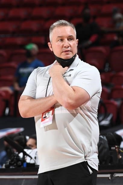 Head Coach, Damian Cotter of the Chicago Bulls looks on during the game against the Minnesota Timberwolves during the 2021 Las Vegas Summer League on...